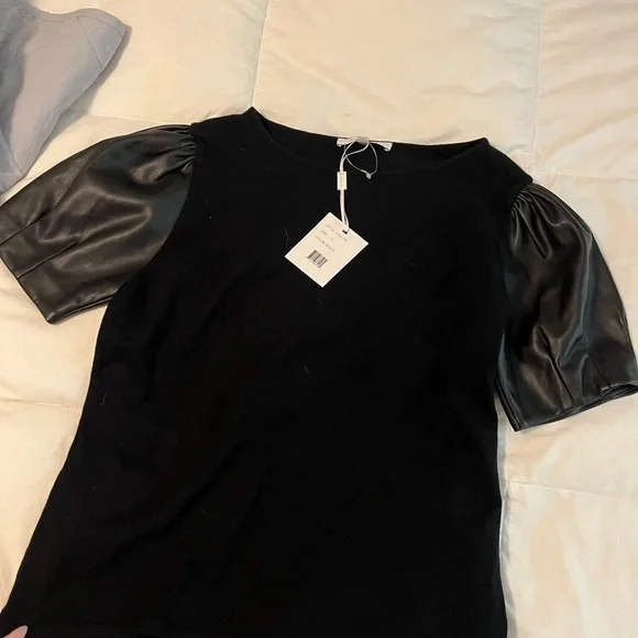Black Puff Sleeve Leather Women's Top - Picture 3 of 5